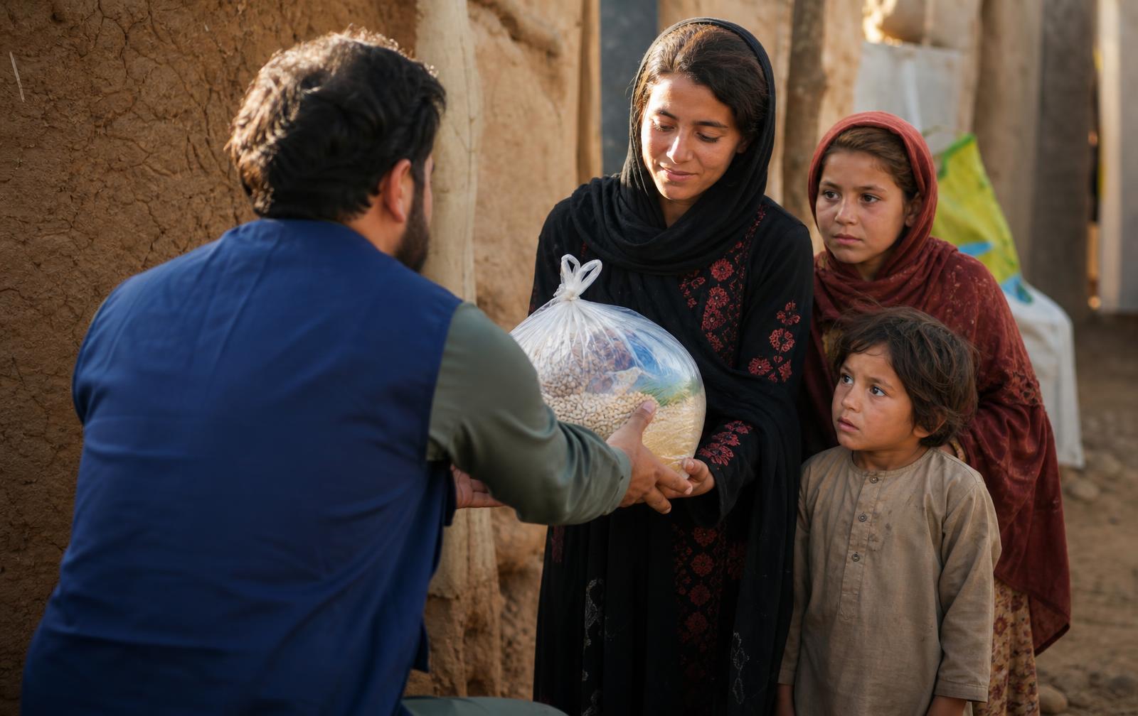 An aid worker handing a food parcel to a mother and her children at sunset